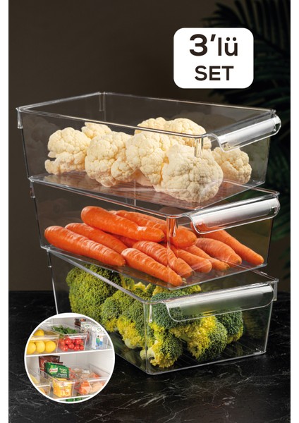 3'Lü Buzdolabı Düzenleyici - Şeffaf Buzdolabı Içi Düzenleyici Organizer 10 X 32,5 X 20 Cm