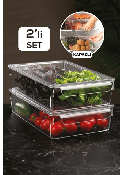 Meleni Home 2'Li Kapaklı Buzdolabı Düzenleyici Buzdolabı Içi Düzenleyici Organizer 7 X 32,5 X 20 Cm