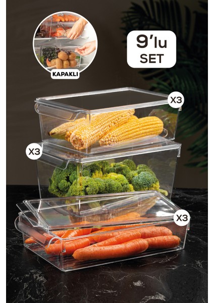 9'Lu Kapaklı Buzdolabı Düzenleyici Buzdolabı Içi Düzenleyici Organizer Slim Maxi Mega
