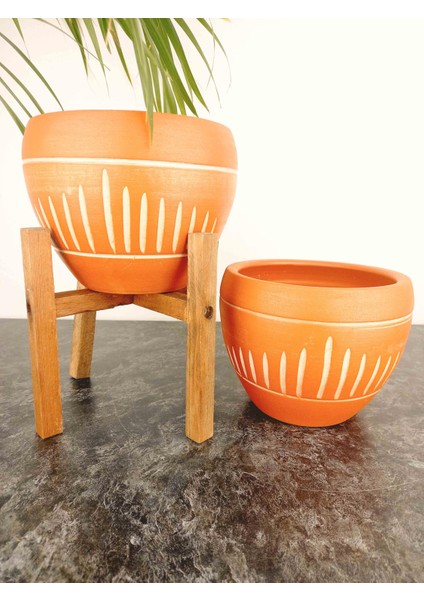 Ev Dekorasyon Dik Çizgi Desenli Terrakota Toprak Saksı Saksılık Salon Çiçeklik İkili Set Ayaksız - 4 Ayaklı- 15 Cm fiyatları
