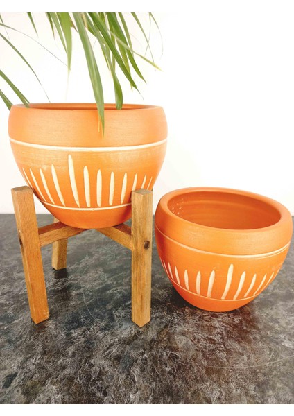 Ev Dekorasyon Dik Çizgi Desenli Terrakota Toprak Saksı Saksılık Salon Çiçeklik İkili Set Ayaksız - 4 Ayaklı- 15 Cm modelleri