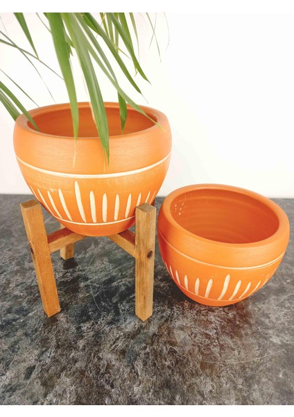 Ev Dekorasyon Dik Çizgi Desenli Terrakota Toprak Saksı Saksılık Salon Çiçeklik İkili Set Ayaksız - 4 Ayaklı- 15 Cm fırsatları