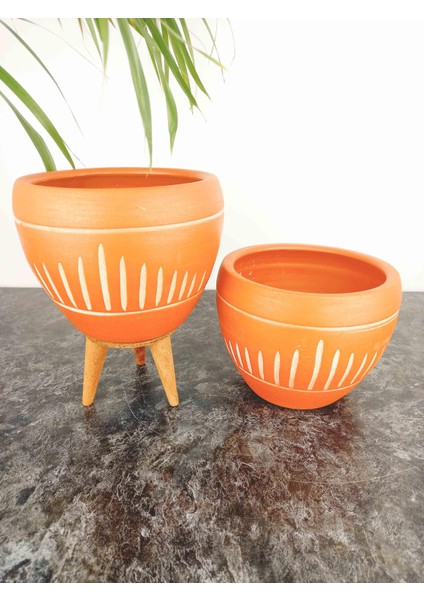 Ev Dekorasyon Dik Çizgi Desenli Terrakota Toprak Saksı Saksılık Salon Çiçeklik İkili Set Ayaksız - 3 Ayaklı- 15 Cm modelleri