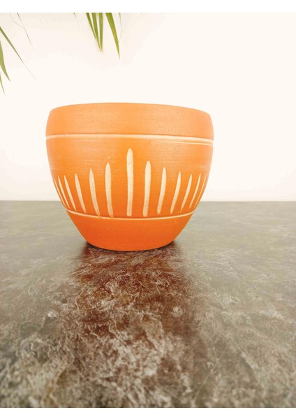 Ev Dekorasyon Dik Çizgi Desenli Terrakota Toprak Saksı Saksılık Salon Çiçeklik - 15 Cm