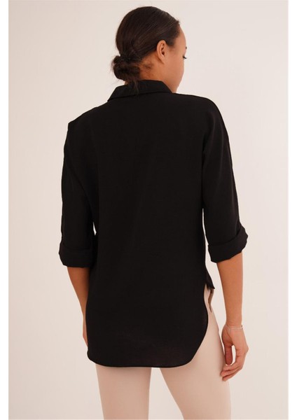 23133339 Ön Kısa Arka Uzun Düğme Detaylı Kapri Kol Gömlek Siyah modelleri
