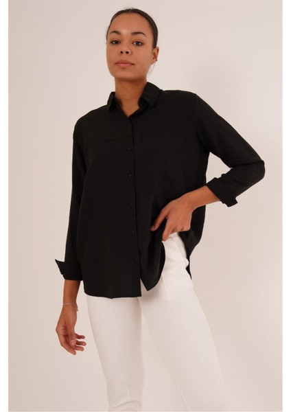 23134085 Ayrobin Robalı Tek Cepli Katlamalı Uzun Kol Gömlek Siyah