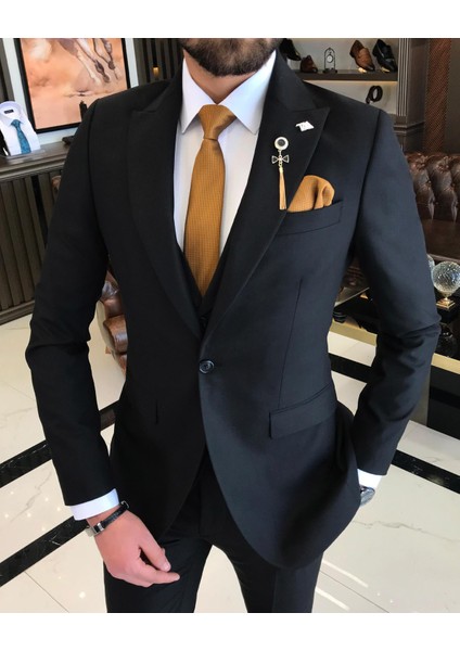 Italyan Stil Slim Fit Erkek Ceket Yelek Pantolon Takım Elbise Siyah T9024