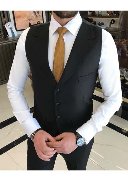 Italyan Stil Slim Fit Erkek Ceket Yelek Pantolon Takım Elbise Siyah T9024