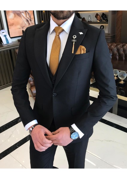 Italyan Stil Slim Fit Erkek Ceket Yelek Pantolon Takım Elbise Siyah T9024