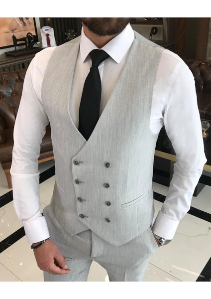 Terzi Adem Italyan Stil Slim Fit Ceket Yelek Pantolon Takım Elbise Gri T9088