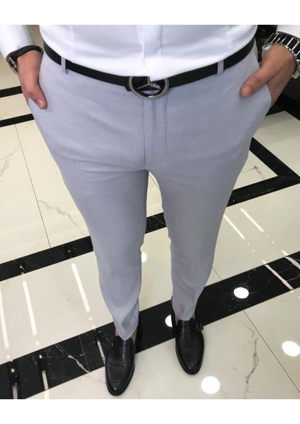 Italyan Kesim Slim Fit Çizgili Erkek Pantolon Gri T9433