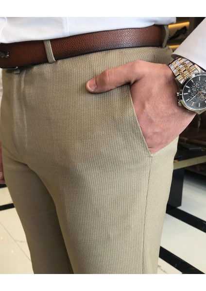 Italyan Kesim Slim Fit Erkek Çizgili Pantolon Camel T9450 modelleri