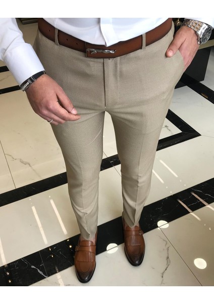 Italyan Kesim Slim Fit Erkek Çizgili Pantolon Camel T9450 fiyatları