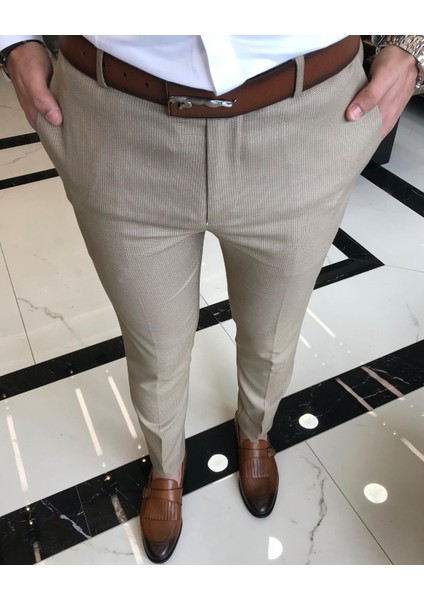 Italyan Kesim Slim Fit Erkek Çizgili Pantolon Camel T9450