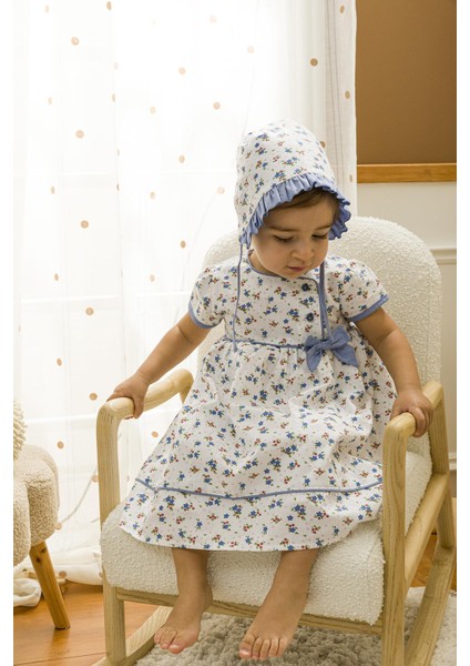 Şapkalı Mavi Çiçekli Bayramlık Kız Bebek Elbise 2'li Set 13728