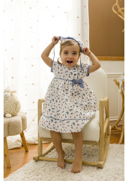 Şapkalı Mavi Çiçekli Bayramlık Kız Bebek Elbise 2'li Set 13728 modelleri