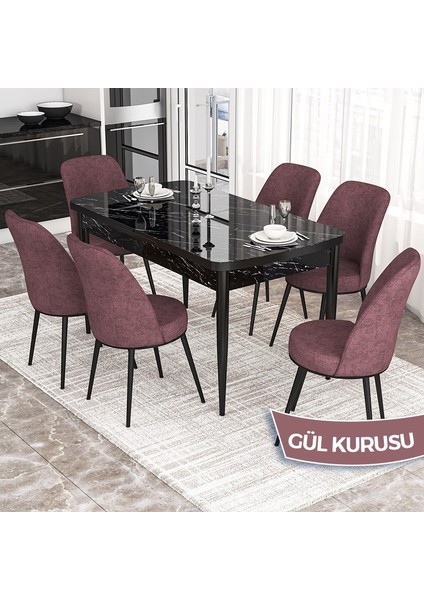 Concept Via Serisi Siyah Mermer Desen 80X132 Açılabilir Mutfak Masası Takımı 6 Adet Sandalye