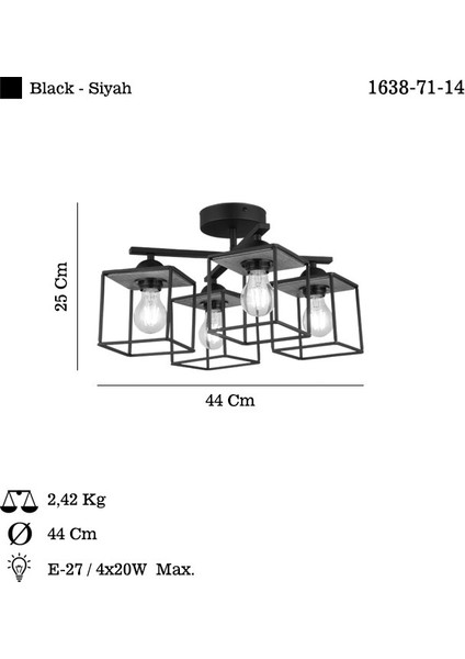 Fulenı 4'lü Siyah Plafonyer 4XE27