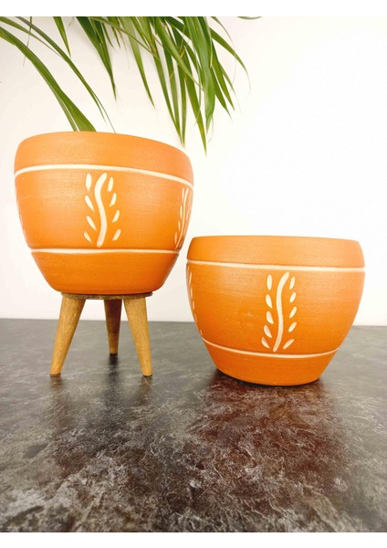 Ev Dekorasyon Nakış Desenli Terrakota Toprak Saksı Saksılık Salon Çiçeklik İkili Set Ayaksız - 3 Ayaklı- 15 Cm