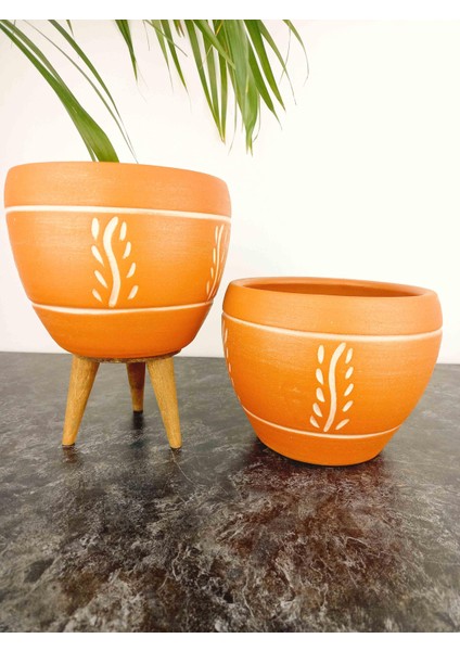 Ev Dekorasyon Nakış Desenli Terrakota Toprak Saksı Saksılık Salon Çiçeklik İkili Set Ayaksız - 3 Ayaklı- 15 Cm