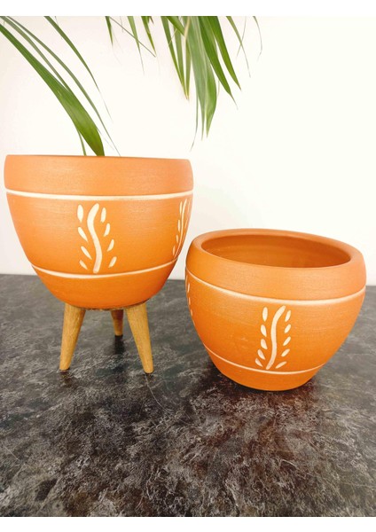 Ev Dekorasyon Nakış Desenli Terrakota Toprak Saksı Saksılık Salon Çiçeklik İkili Set Ayaksız - 3 Ayaklı- 15 Cm