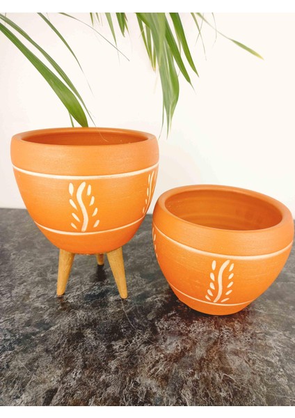 Ev Dekorasyon Nakış Desenli Terrakota Toprak Saksı Saksılık Salon Çiçeklik İkili Set Ayaksız - 3 Ayaklı- 15 Cm