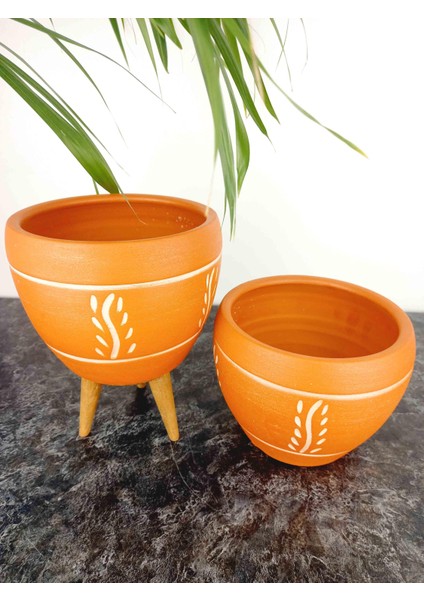 Ev Dekorasyon Nakış Desenli Terrakota Toprak Saksı Saksılık Salon Çiçeklik İkili Set Ayaksız - 3 Ayaklı- 15 Cm