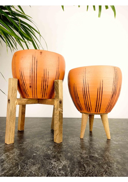 Ev Dekorasyon Siyah Çizgi Desenli Terrakota Toprak Saksı Saksılık Salon Çiçeklik İkili Set 3 Ayaklı- 4 Ayaklı- 15 Cm