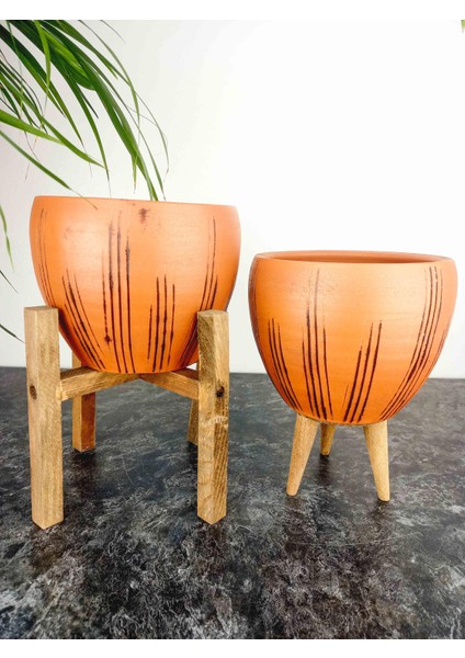 Ev Dekorasyon Siyah Çizgi Desenli Terrakota Toprak Saksı Saksılık Salon Çiçeklik İkili Set 3 Ayaklı- 4 Ayaklı- 15 Cm modelleri