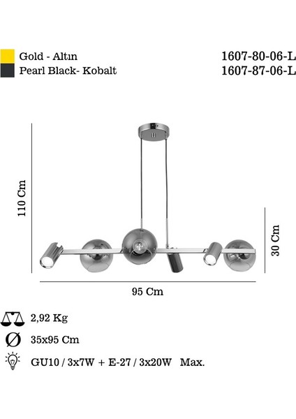 Tıerra 3+3 Kobalt Sıralı Avize 3XGU10+3XE27 modelleri