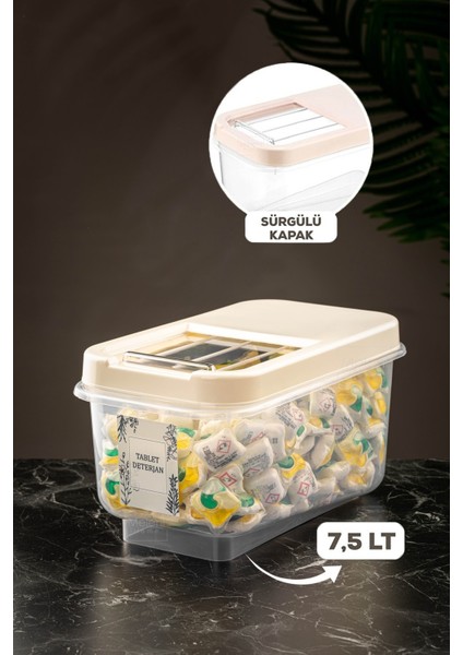 Kayar Kapaklı 7,5 Lt Tablet Deterjan Saklama Kutusu - Etiketli Deterjan Saklama Kabı Krem