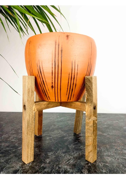 Ev Dekorasyon Siyah Çizgi Desenli Terrakota Toprak Saksı Saksılık Salon Çiçeklik 4 Ayaklı - 15 Cm