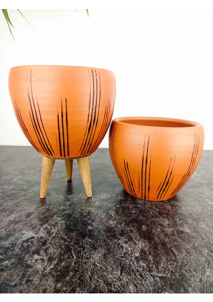 Ev Dekorasyon Siyah Çizgi Desenli Terrakota Toprak Saksı Saksılık Salon Çiçeklik İkili Set Ayaksız - 3 Ayaklı- 15 Cm