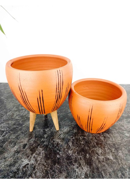 Ev Dekorasyon Siyah Çizgi Desenli Terrakota Toprak Saksı Saksılık Salon Çiçeklik İkili Set Ayaksız - 3 Ayaklı- 15 Cm