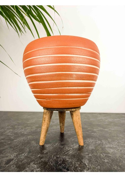Ev Dekorasyon Yan Çizgi Desenli Terrakota Toprak Saksı Saksılık Salon Çiçeklik 3 Ayaklı - 15 Cm