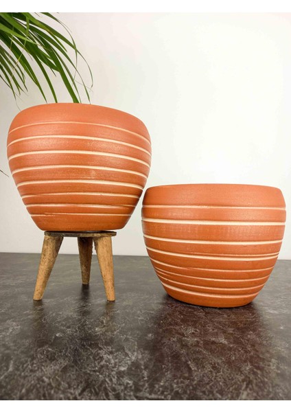 Ev Dekorasyon Yan Çizgi Desenli Terrakota Toprak Saksı Saksılık Salon Çiçeklik İkili Set Ayaksız - 3 Ayaklı- 15 Cm