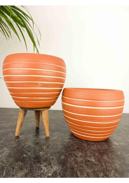 Ev Dekorasyon Yan Çizgi Desenli Terrakota Toprak Saksı Saksılık Salon Çiçeklik İkili Set Ayaksız - 3 Ayaklı- 15 Cm fiyatları