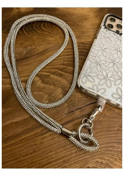 Trend Case Swarovski Taşlı Janjanlı Silver Gümüş Telefon Boyun Askısı Gümüş Taşlı Boyun Ipi