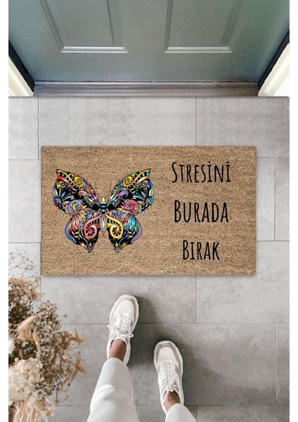 Modern Dijital Baskı Stresini Burada Bırak Kelebek 70X45CM Kapı Önü Paspası