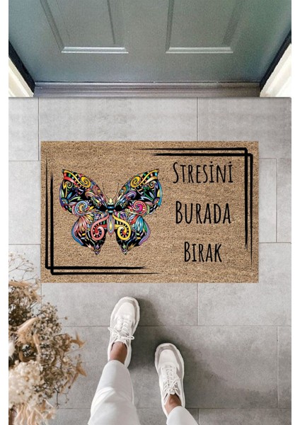 Modern Dijital Baskı - Çerçeveli Stresini Burada Bırak Kelebek 70X45CM Kapı Önü Paspası