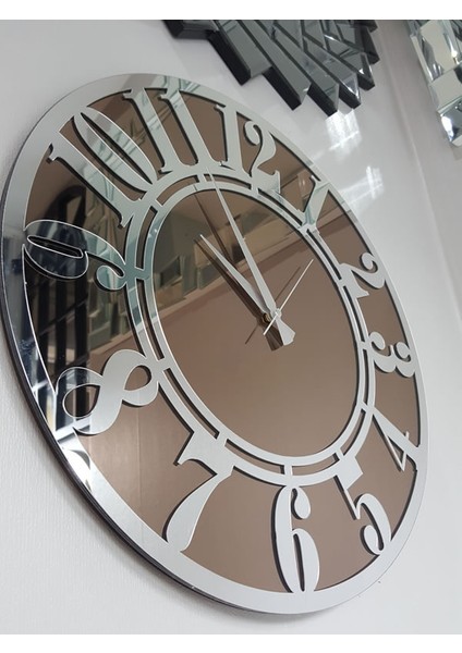 Silver Latin Bronze Model Gümüş Bronz Renk 50 Cm Dekoratif Aynalı Duvar Saati