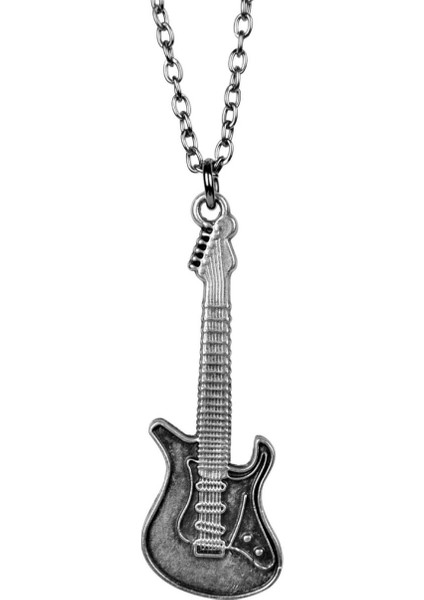 Elektro Gitar Kolye Erkek Kadın Kolye Antik Gümüş Kaplama 60 cm Düz Zincir