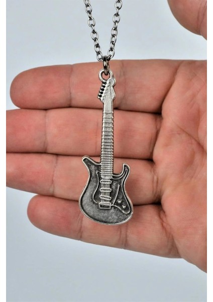 Elektro Gitar Kolye Erkek Kadın Kolye Antik Gümüş Kaplama 60 cm Düz Zincir fiyatları