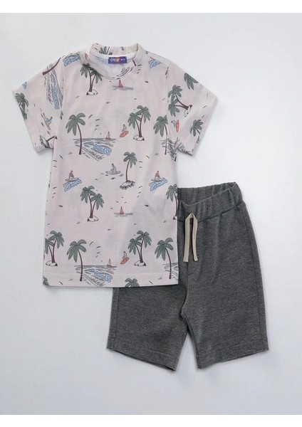 Özel Seri Sevimli Palmiyeli Baskılı Pamuklu Yazlık 2li Şort Takım