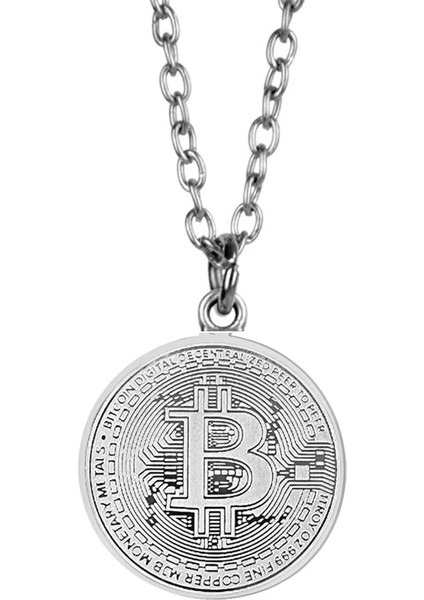 Bitcoin Sanal Para Kolye Erkek Kadın Kolye Antik Gümüş Kaplama 60 cm Düz Zincir