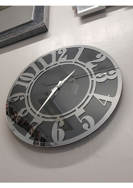 Silver Latin Smoked Model Gümüş Füme Renk 50 Cm Dekoratif Aynalı Duvar Saati modelleri