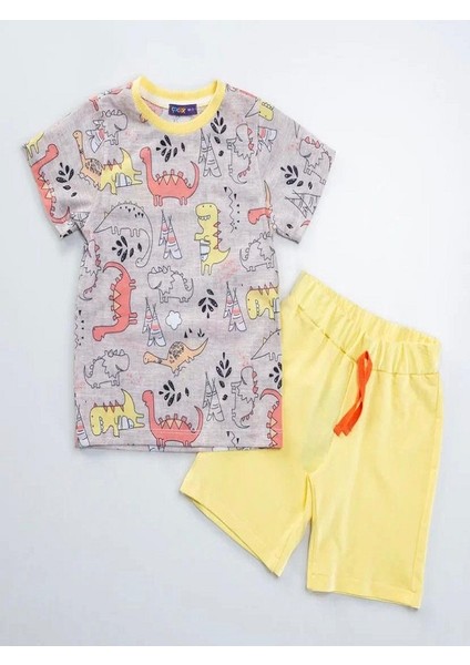 Özel Seri Sevimli Dinozlar Baskılı Pamuklu 2li Şort Takım