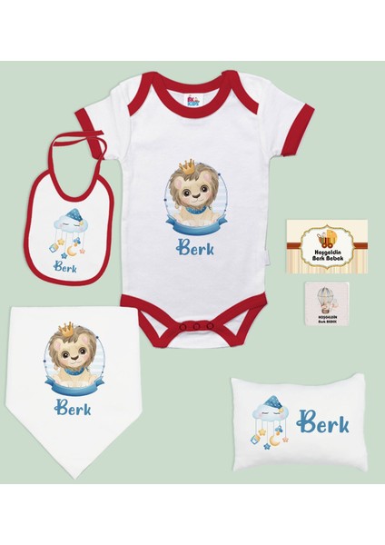 Kişiye Özel Isimli 6 Parça Kırmızı Bebek Body Zıbın Battaniye ve Yastık Hediye Seti, Yeni Doğan Bebek Giyim Hediyesi-5