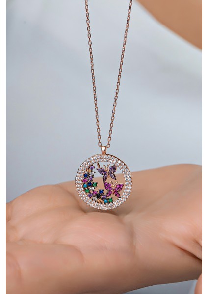 925 Ayar Gümüş Rose Daire Tasarım Uçuşan Kelebek Kolye