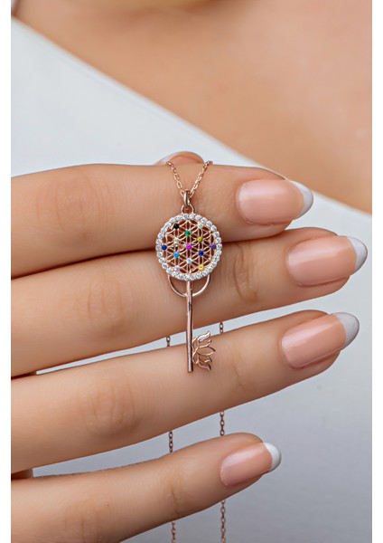 925 Ayar Gümüş Rose Mix Taşlı Anahtar Kolye